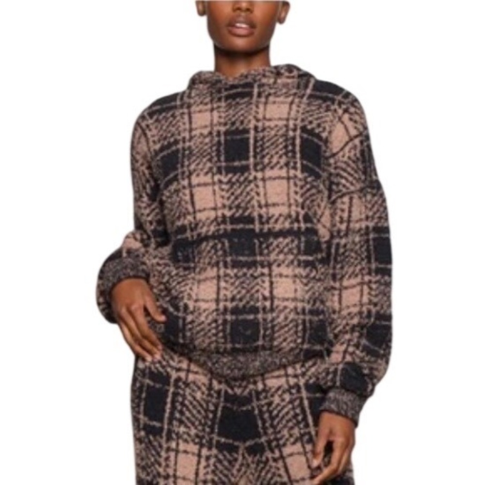 SKIMS Cozy Knit Unisex Hoodie in Black/Tan Plaid Size M Excellent Pullover